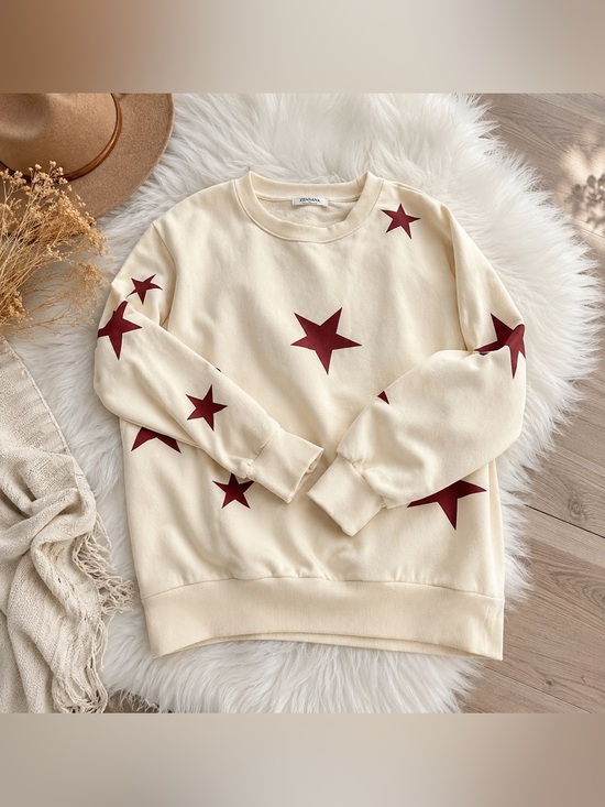 Zenana Outfitters Tops - Zenana Cream & Burgundy Star Print Crewneck Patriotic Summer Layer Size L